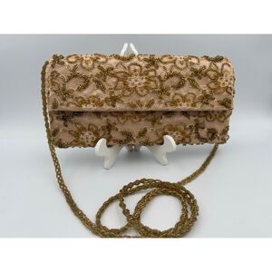 Vintage 90s Carlo Fellini Beaded Lace Evening Bag| Peach & Gold Floral Beadwork